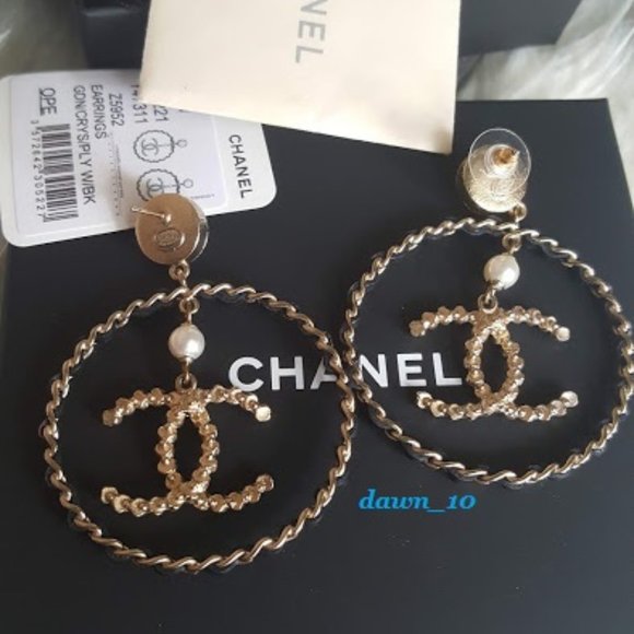 Chanel XL Crystal CC Leather Hoop Earrings, Gold - Picture 3 of 6